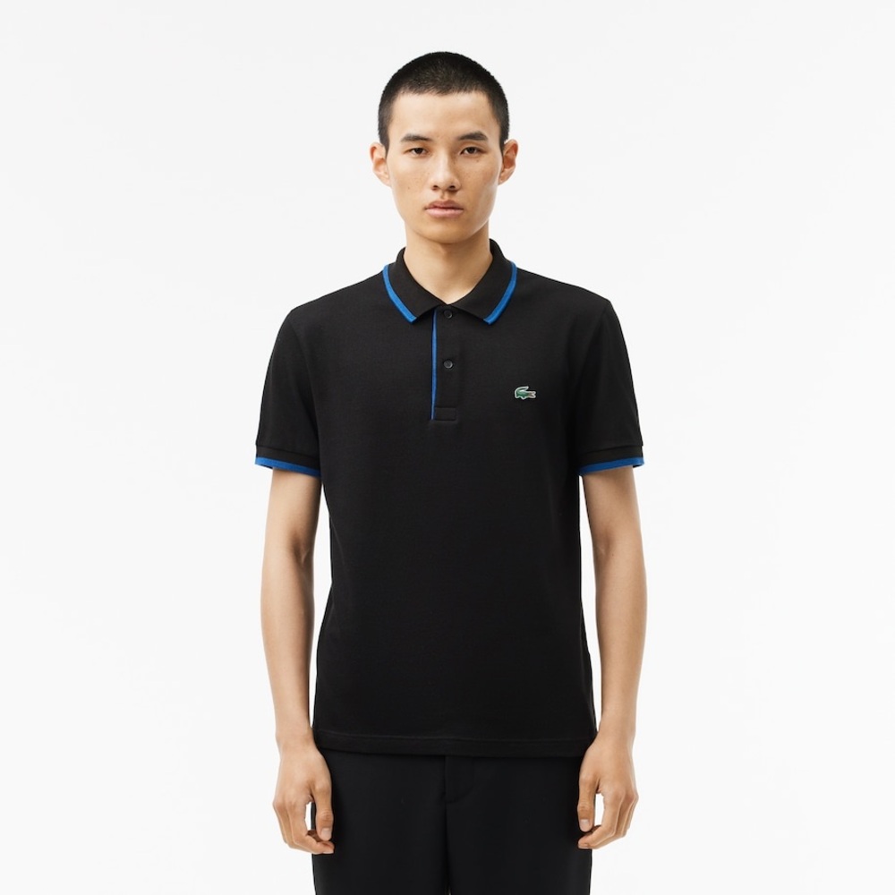 Lacoste Men's Polo Shirt in Black with Blue Trim